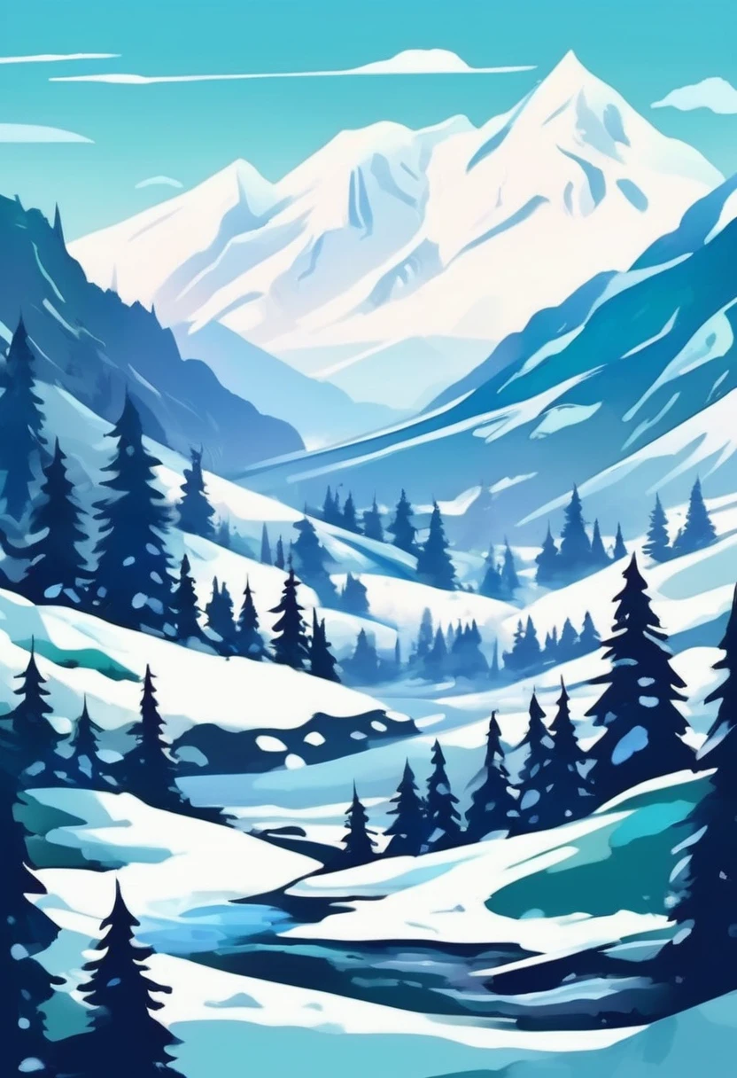 أشجار التنوب في المناظر الطبيعية في فصل الشتاء，تصميم تي شيرت, الجبال المغطاة بالثلوج مثيرة للإعجاب、لوحات من المراعي, aشديد الإنتباه للتفاصيل, الفن البيئي, شديد الإنتباه للتفاصيل, فن الصورة الظلية, لعبة فنية ثنائية الأبعاد, خلفية الشعار