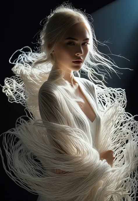Female Model，Dark background，Backlight,Long white yarn，Michal Katz Style，Ultra-fine details，photography,4K