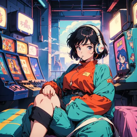 retro arcade anime girl, 80年代のanime atmosphere, 80s anime style, retro anime girls, 1980's anime style, retro anime images, anim...