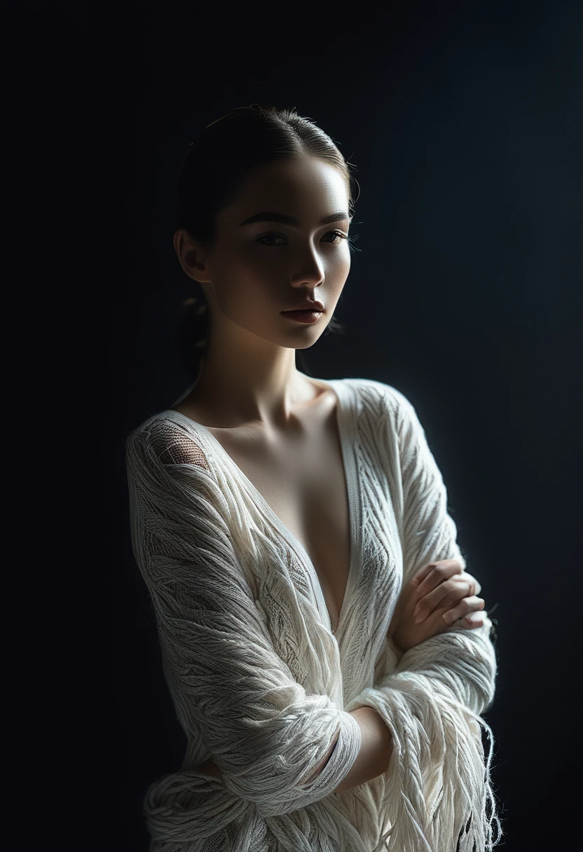 Female Model，Dark background，Backlight,Long white yarn，Michal Katz Style，Ultra-fine details，photography,4K