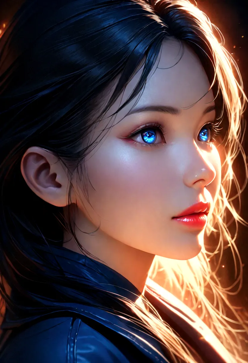 a beautiful asian woman, close-up portrait of face, side lighting, woman wearing blue jacket, photorealistic,ultra-detailed, extremely detailed eyes and face, beautiful detailed lips, longeyelashes, dramatic lighting, vivid colors,cinematic,masterpiece
