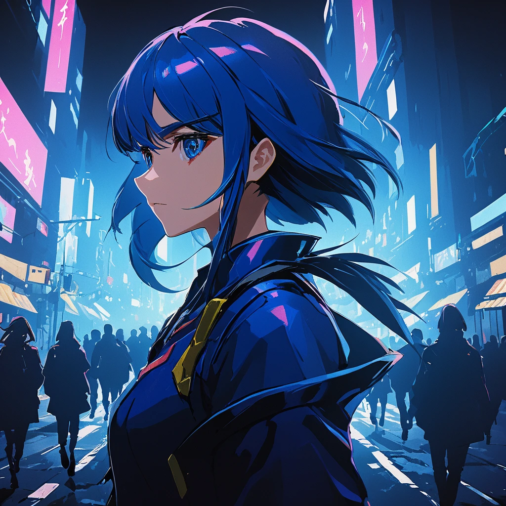 Masterpiece Digital Art, High resolution, Anime Style, 4k wallpaper, Head portrait of Lucina walking down a neon-lit street, Cyberpunk atmosphere 