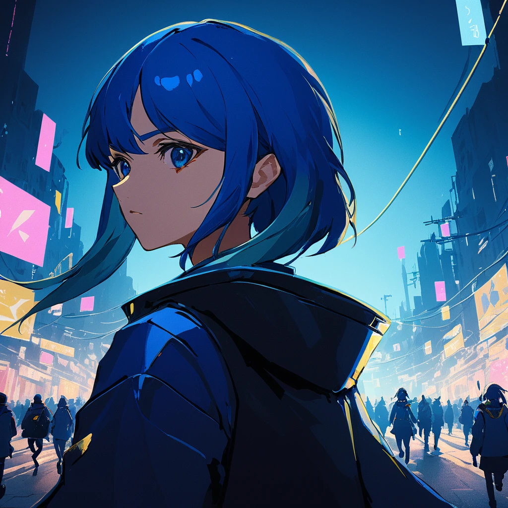 Masterpiece Digital Art, High resolution, Anime Style, 4k wallpaper, Head portrait of Lucina walking down a neon-lit street, Cyberpunk atmosphere 