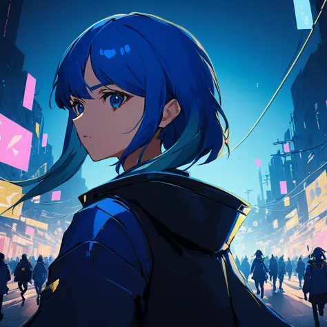 Masterpiece Digital Art, High resolution, Anime Style, 4k wallpaper, Head portrait of Lucina walking down a neon-lit street, Cyb...