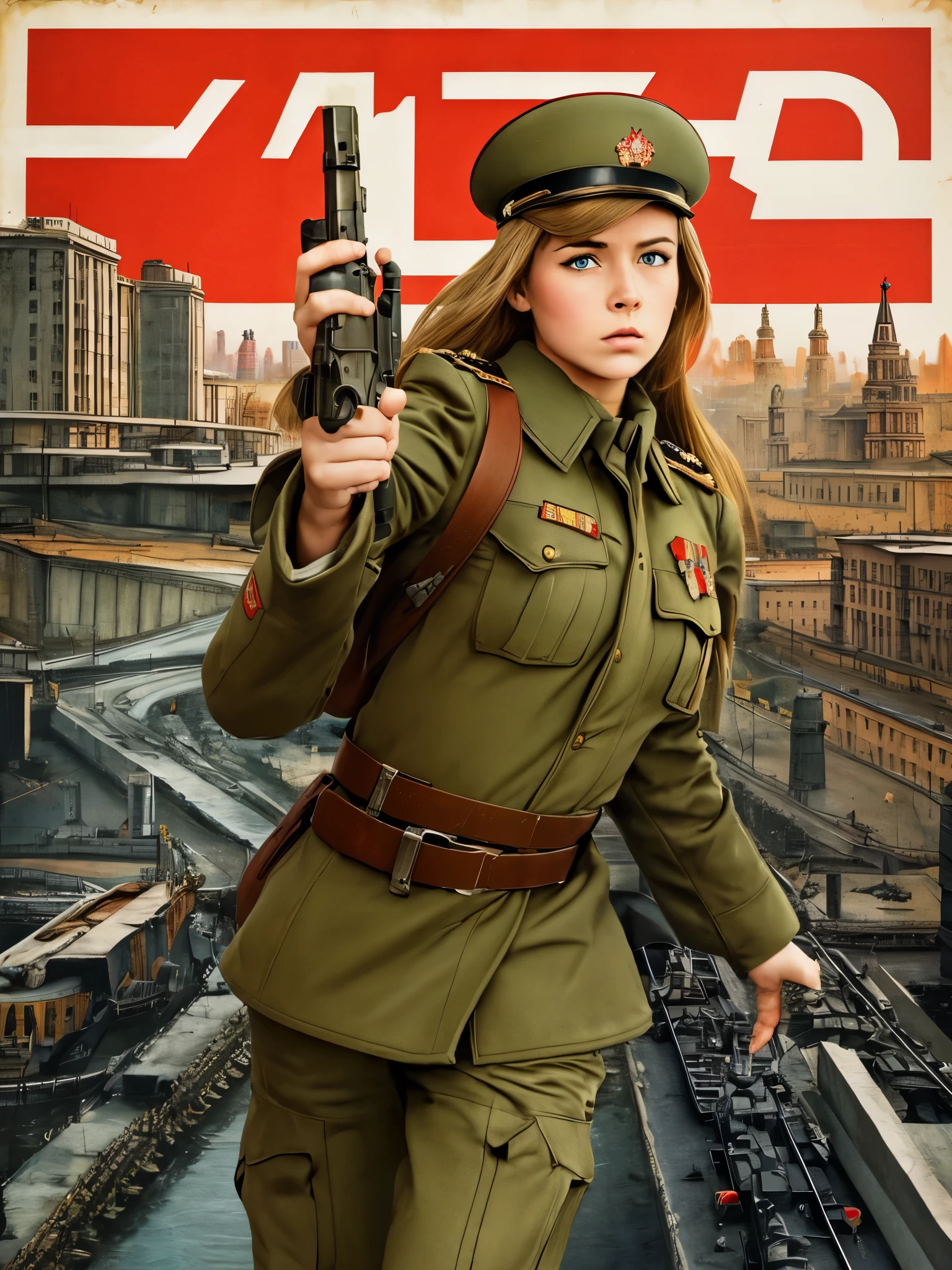 melhor qualidade,obra de arte,Altamente detalhado,Ultra-detalhado, 1 garota,paisagem urbana, URSS União Soviética, propaganda, poster, exército, linda garota russa, Russian exército uniform,realista, Cara de bravo, pose de luta