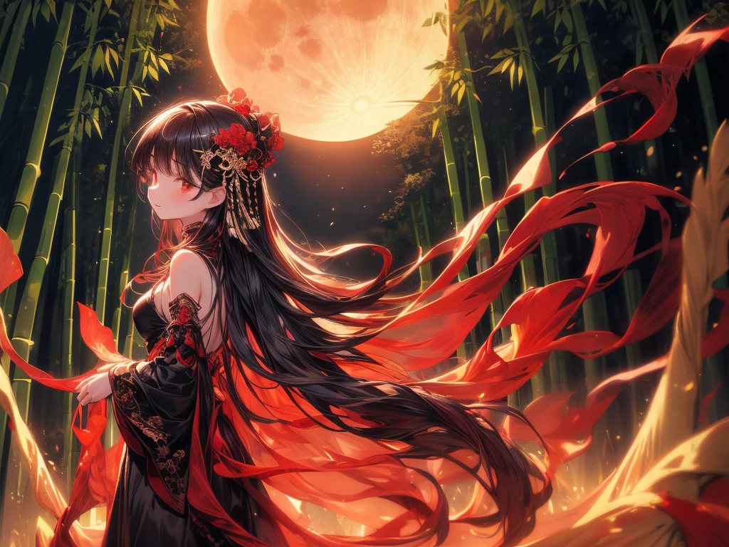 art by Cornflower,((1 girl)),(masterpiece),((highest quality)),(Perfect Anatomy),((arms behind side)),(beautiful and luxurious:1.2),Kaguyahime,facial expressions of happiness,small breasts,long black hair,Beautiful and exquisite red eyes,Beautiful red dress,multi layered fashion,Transparency,vivid tones,cinematic lighting,(Highly detailed 2D illustrations),((very delicate and beautiful)),Silky to the touch,(From the side),(sideways glance),like a dream and happiness atmosphere,(Standing in a forest full of bamboo),(full moon)