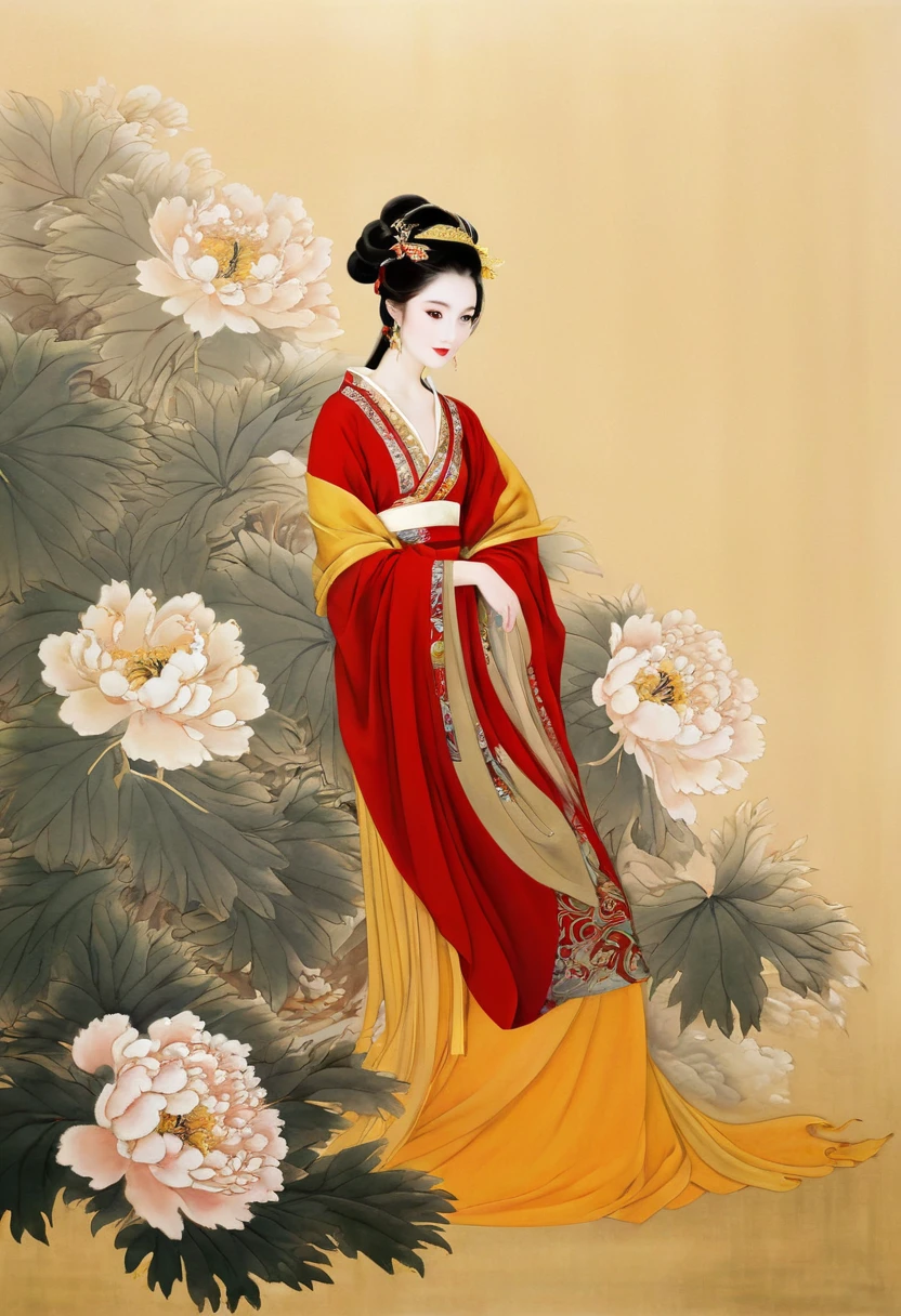 painting of a woman in a red and yellow dress and a yellow and red dress, ancient chinese beauties, ancient chinese princess, ancient asian dynasty princess, ancient china art style, chinese princess, ancient chinese goddess, traditional chinese painting, wearing ancient chinese clothes, palace ， a girl in hanfu, inspired by Qiu Ying, chinese style painting, chinese empress