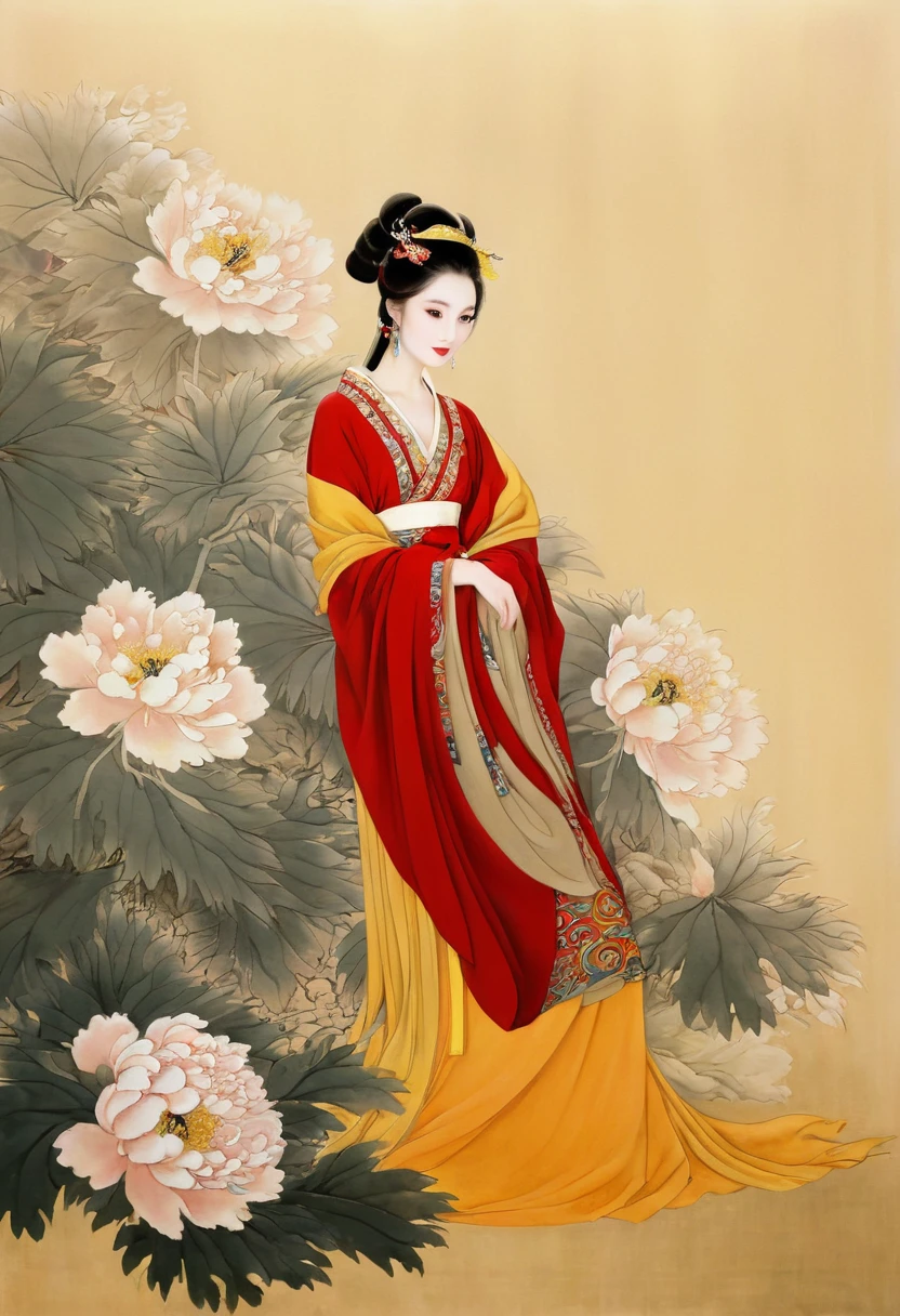 painting of a woman in a red and yellow dress and a yellow and red dress, ancient chinese beauties, ancient chinese princess, ancient asian dynasty princess, ancient china art style, chinese princess, ancient chinese goddess, traditional chinese painting, wearing ancient chinese clothes, palace ， a girl in hanfu, inspired by Qiu Ying, chinese style painting, chinese empress