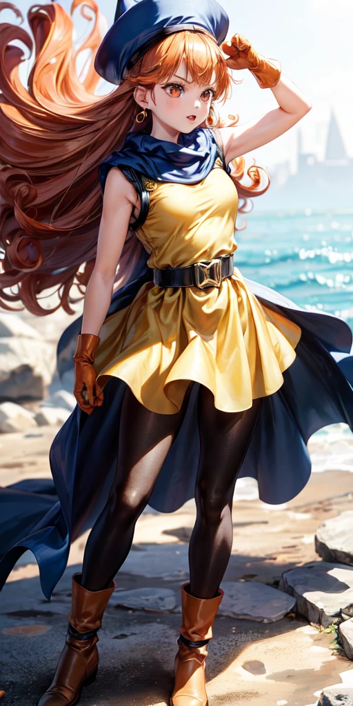 1girl,solo,dq4-alena,black pantyhose,blue cape,blue headwear,boots,curly hair,earrings,long hair,orange gloves,orange hair,red eyes,sleeveless,yellow dress,yellow skirt,dynamic pose,small breasts,(shiny,shiny dress:1.1)jumping,v-shaped eyebrows,fine weather, (masterpiece), (best quality), (ultra-detailed), intricate detail,, (masterpiece), (best quality), (ultra-detailed), intricate detail,