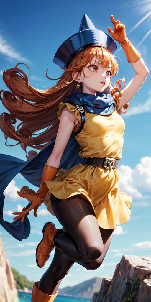 1girl,solo,dq4-alena,black pantyhose,blue cape,blue headwear,boots,curly hair,earrings,long hair,orange gloves,orange hair,red eyes,sleeveless,yellow dress,yellow skirt,dynamic pose,small breasts,(shiny,shiny dress:1.1)jumping,v-shaped eyebrows,fine weather, (masterpiece), (best quality), (ultra-detailed), intricate detail,, (masterpiece), (best quality), (ultra-detailed), intricate detail,