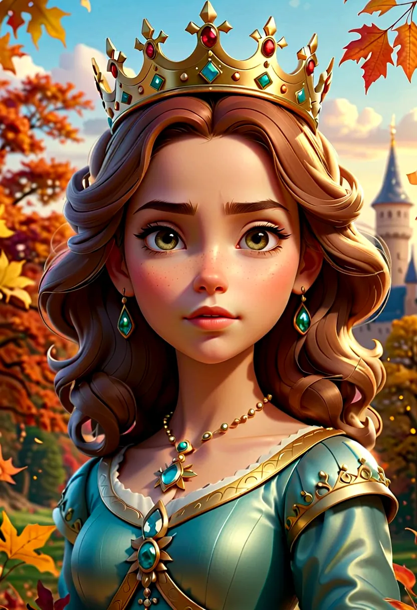 high quality, Ultra-detailed CG illustrations，Depicting a young queen with a serene expression, crown, Soft colors, Autumn time,...