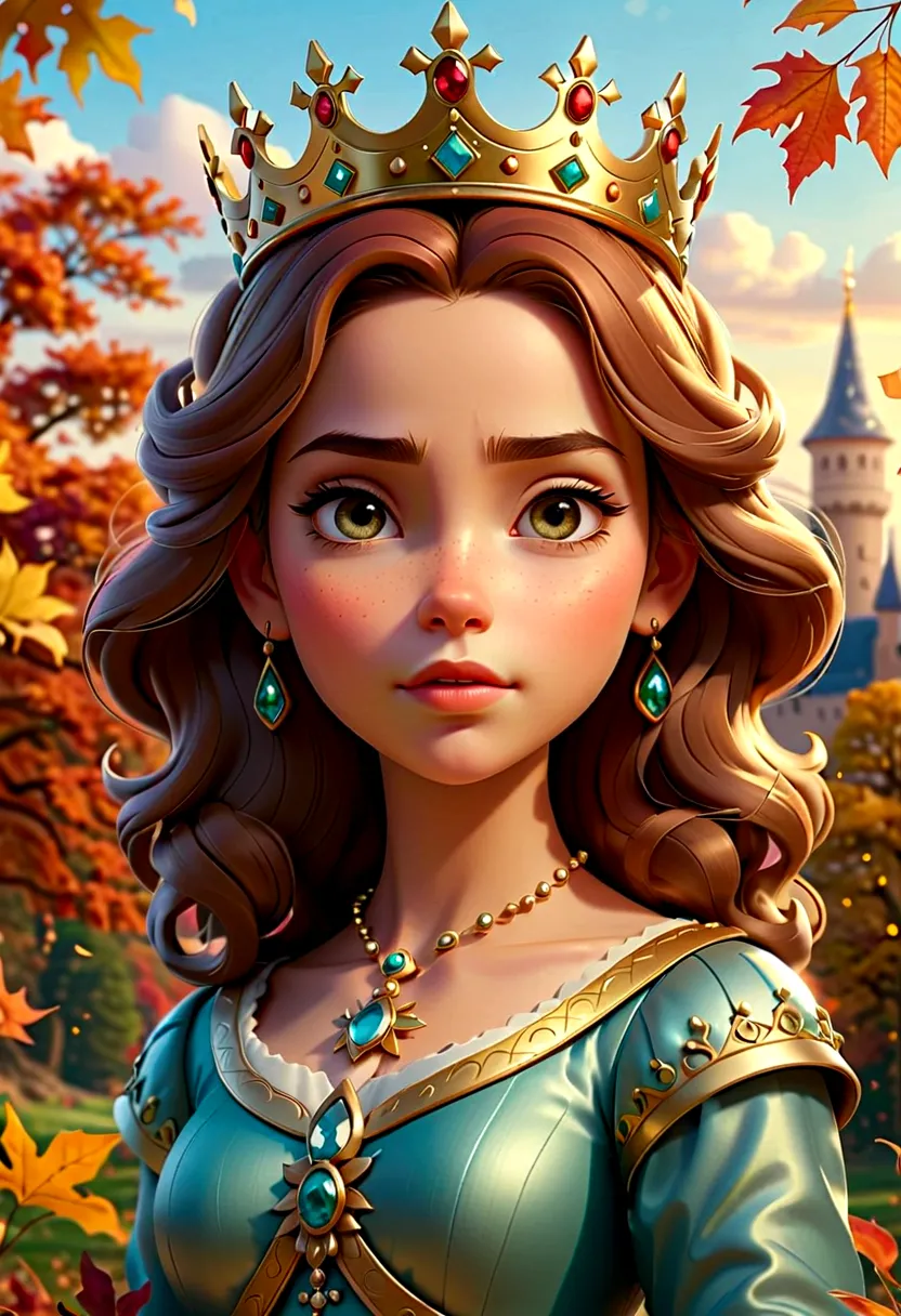 high quality, ultra-detailed cg illustrations，depicting a young queen with a serene expression, crown, soft colors, autumn time,...