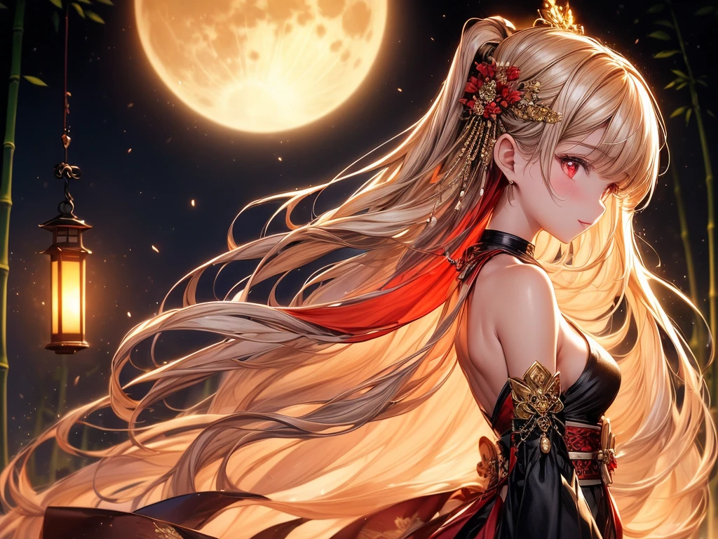 ((1 girl)),(masterpiece),((highest quality)),(Perfect Anatomy),((arms behind side)),(beautiful and luxurious:1.2),Kaguyahime,facial expressions of happiness,small breasts,long black hair,Beautiful and exquisite red eyes,Beautiful red dress,multi layered fashion,Transparency,vivid tones,cinematic lighting,(Highly detailed 2D illustrations),((very delicate and beautiful)),Silky to the touch,(From the side),(sideways glance),like a dream and happiness atmosphere,(Standing in a forest full of bamboo),(full moon)