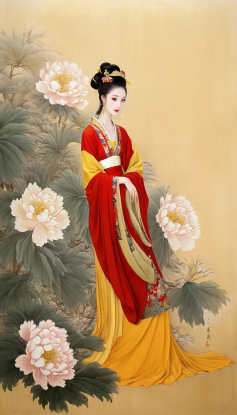 painting of a woman in a red and yellow dress and a yellow and red dress, ancient chinese beauties, ancient chinese princess, an...