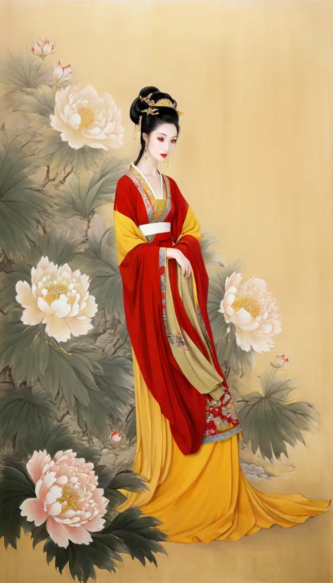 painting of a woman in a red and yellow dress and a yellow and red dress, ancient chinese beauties, ancient chinese princess, an...