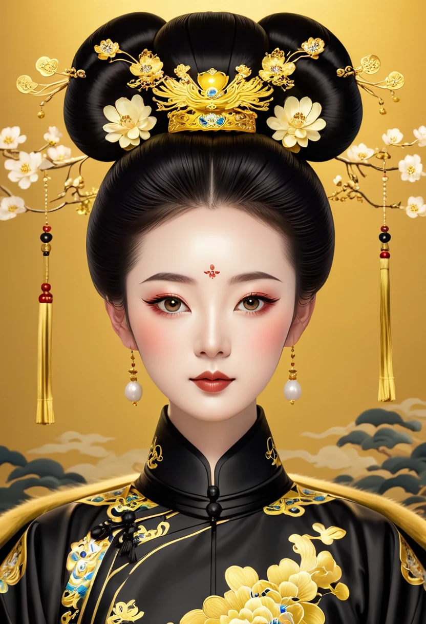 Solemn girl portrait，symmetry，Round Face，Bright Eyes，Smooth skin，Elegant and luxurious，Wealth，Gorgeous black and gold costumes，Chinese Qing Dynasty flag costumes,Selfish,Chinese Emperor，High bun，Gorgeous golden crown，tassel，palace，Clean background