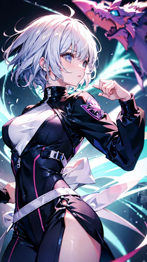 profile background, anime girl, serious face, fringe, short white hair, eyes purple, martial arts clothing, high-res portrait, d...