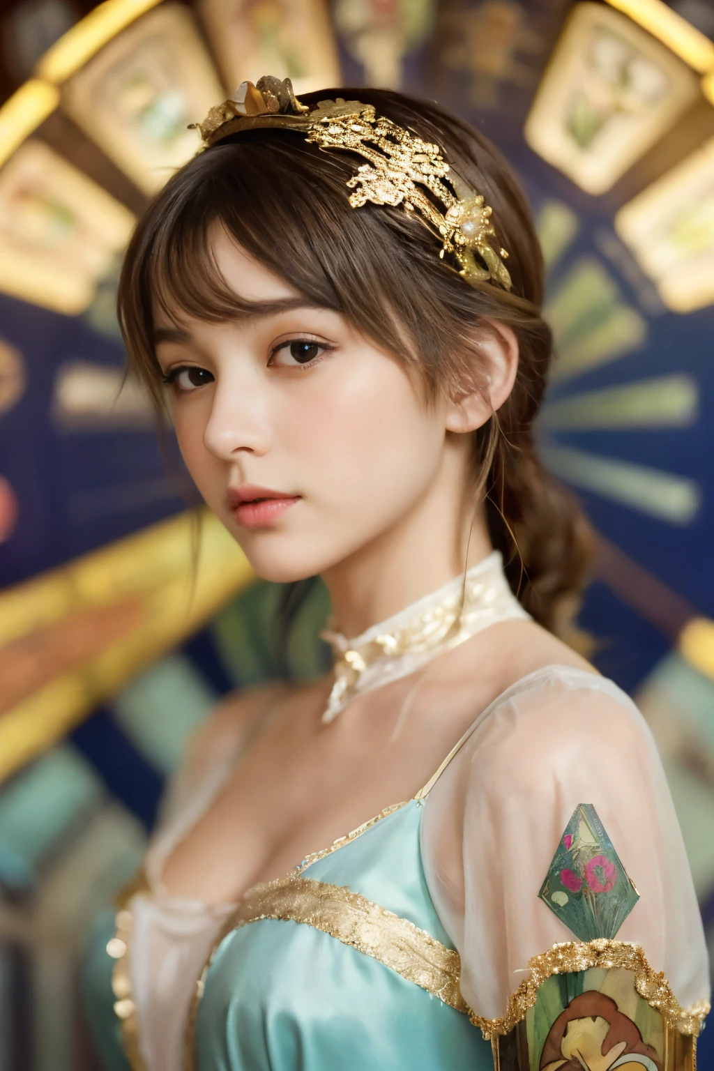 
((masterpiece:1.4, Highest quality)), (Realistic photos:1.4), (artwork),
((1 Girl)), (Otherworldly beauty), (dream-like),
(超High resolution:1.2), Very delicate and beautiful, wonderful, Very detailed CG Unity 8k wallpaper, Very detailed, High resolution, 
Soft Light, Beautiful detailed girl, Very detailedな目と顔, Beautiful and exquisite nose, Beautiful and exquisite, 
(Dressed in early 20th century French costume:1.3),
Cinema Lighting, Perfect Anatomy, Slender body, (Parted bangs),
(Portrait of a Girl by Alphonse Mucha:1.5), (Abstract Background), (Designed picture background),
Cowboy Shot