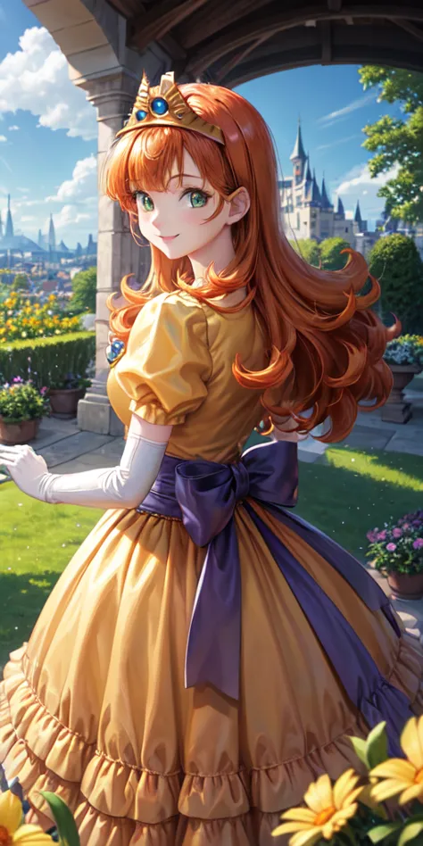 masterpiece, best quality, dqlaura, orange hair, tiara, necklace, yellow dress, elbow gloves, cowboy shot, looking at viewer, ca...