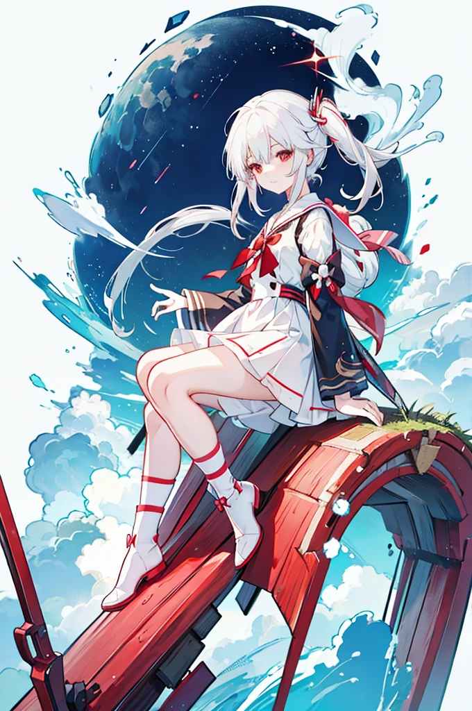 Anime Girls with white hair and red bow sitting on the ground, Sailor dress, Cute girl anime visuals, an Anime Girls, cute Anime Girls, , young Anime Girls, Anime Best Girl, (Anime Girls), pretty Anime Girls, White Hair Girl, beautiful Anime Girls, Anime Girls、White background、Full-body portrait、Brown boots、Red Eyes、Marine color dress、Knee-high socks