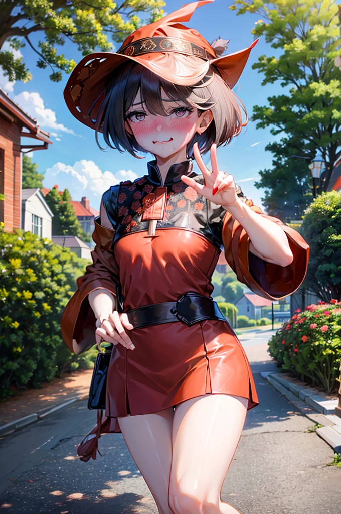 peace sign,(masterpiece, best quality), intricate details, 1girl, megumin, short hair, dress, red dress, hat, witch hat, belt indoors,ahg rolling eyes tongue((((blush)))),(cleatched teetch)