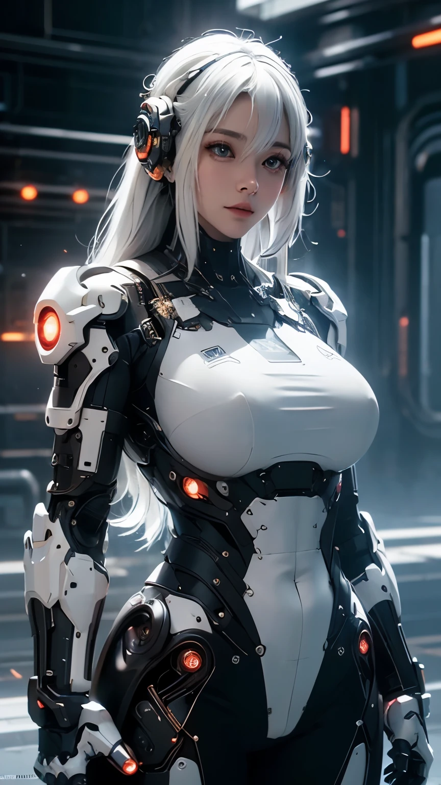 very big tits ((Masterpiece, The best quality)), illustration, 8K ultra detailed, realist, clear focus, Highly detailed, Pro Lighting, White details, Rainbow Color BREAK, Factory Long Rise, large mechanical robot structure, microchip, computer, ((glow)), intricate details, shitu-mecha, 1girl, mecha, belly button, color image, (Cyberpunk), (all white hair: 1.2)  , unreal engine 4,spiderman look,big tits