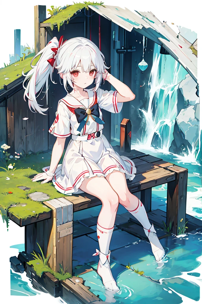 Anime Girls with white hair and red bow sitting on the ground, Sailor dress, Cute girl anime visuals, an Anime Girls, cute Anime Girls, , young Anime Girls, Anime Best Girl, (Anime Girls), pretty Anime Girls, White Hair Girl, beautiful Anime Girls, Anime Girls、White background、Full-body portrait、Brown boots、Red Eyes、Marine color dress、Knee-high socks