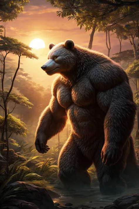 White bear walking in the jungle，strong，sad，whole body，Look into the distance，Sunset，forest，Japanese comic style，Unreal Engine，i...