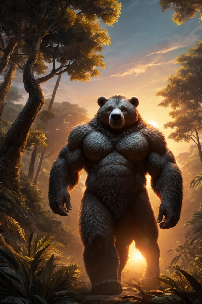 White bear walking in the jungle，strong，sad，whole body，Look into the distance，Sunset，forest，Japanese comic style，Unreal Engine，illustration，Wide-angle lens，Realistic details，Atmospheric one