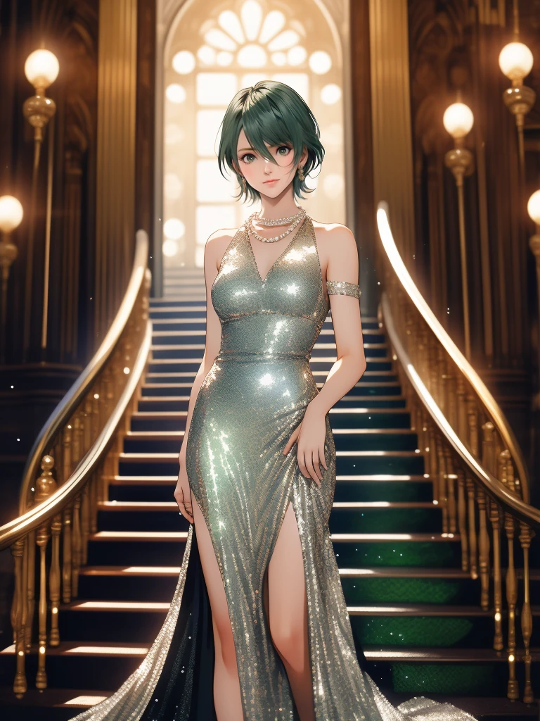 1woman, tamaki, green short hair, hair between eyes, Thin eyebrows, detailed eyes, Small Head, (silver sequined dress:1.2), (smile:1.2), Pearl Necklace, standing on the grand staircase,