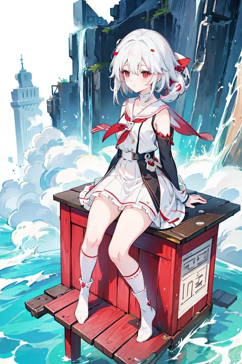 anime girls with white hair and red bow sitting on the ground, sailor dress, cute girl anime visuals, an anime girls, cute anime...