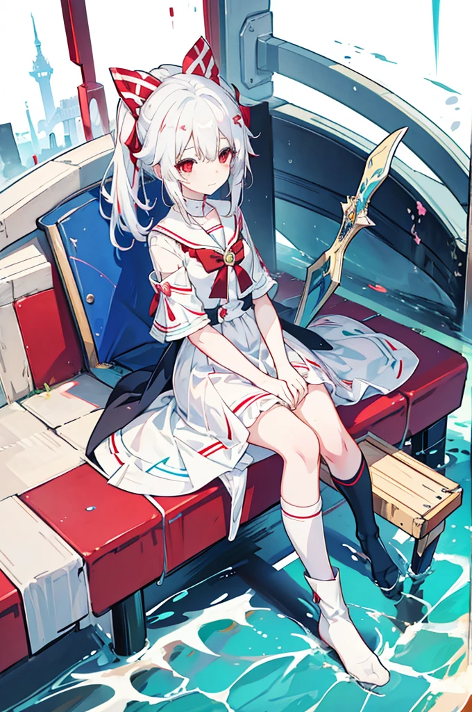 アニメの女の子 with white hair and red bow sitting on the ground, セーラー服, かわいい女の子アニメのビジュアル, an アニメの女の子, cute アニメの女の子, , young アニメの女の子, アニメベストガール, (アニメの女の子), pretty アニメの女の子, 白髪の少女, beautiful アニメの女の子, アニメの女の子、白色の背景、全身ポートレート、茶色のブーツ、赤い目、マリンカラーのドレス、ニーハイソックス