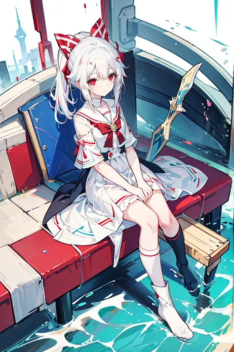 Anime Girls with white hair and red bow sitting on the ground, Sailor dress, Cute girl anime visuals, an Anime Girls, cute Anime...