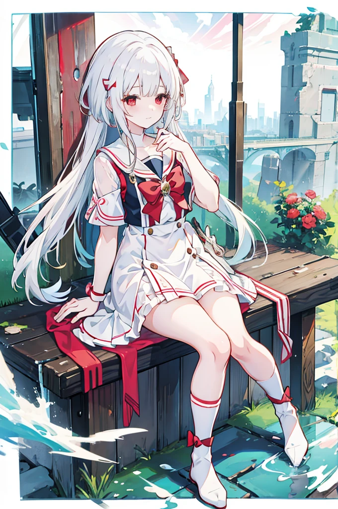 動漫女孩 with white hair and red bow sitting on the ground, 水手服, 可愛的女孩動漫視覺效果, an 動漫女孩, cute 動漫女孩, , young 動漫女孩, 動漫最佳女孩, (動漫女孩), pretty 動漫女孩, 白髮女孩, beautiful 動漫女孩, 動漫女孩、白色背景、全身肖像、棕色的靴子、紅眼睛、海洋色連身裙、及膝襪