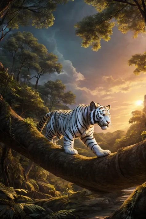 white tiger in the jungle，sad，look into the distance，sunset，forest，japanese comic style，unreal engine，illustration，wide-angle le...