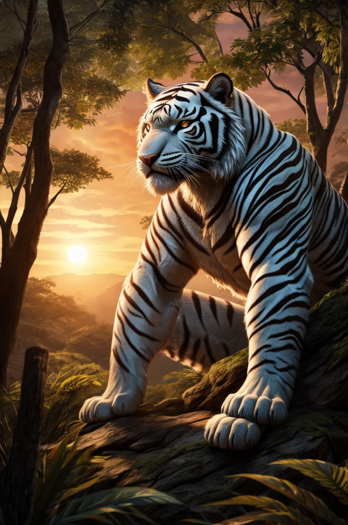 White tiger in the jungle，sad，Look into the distance，Sunset，forest，Japanese comic style，Unreal Engine，illustration，Wide-angle lens，Realistic details，Atmospheric one