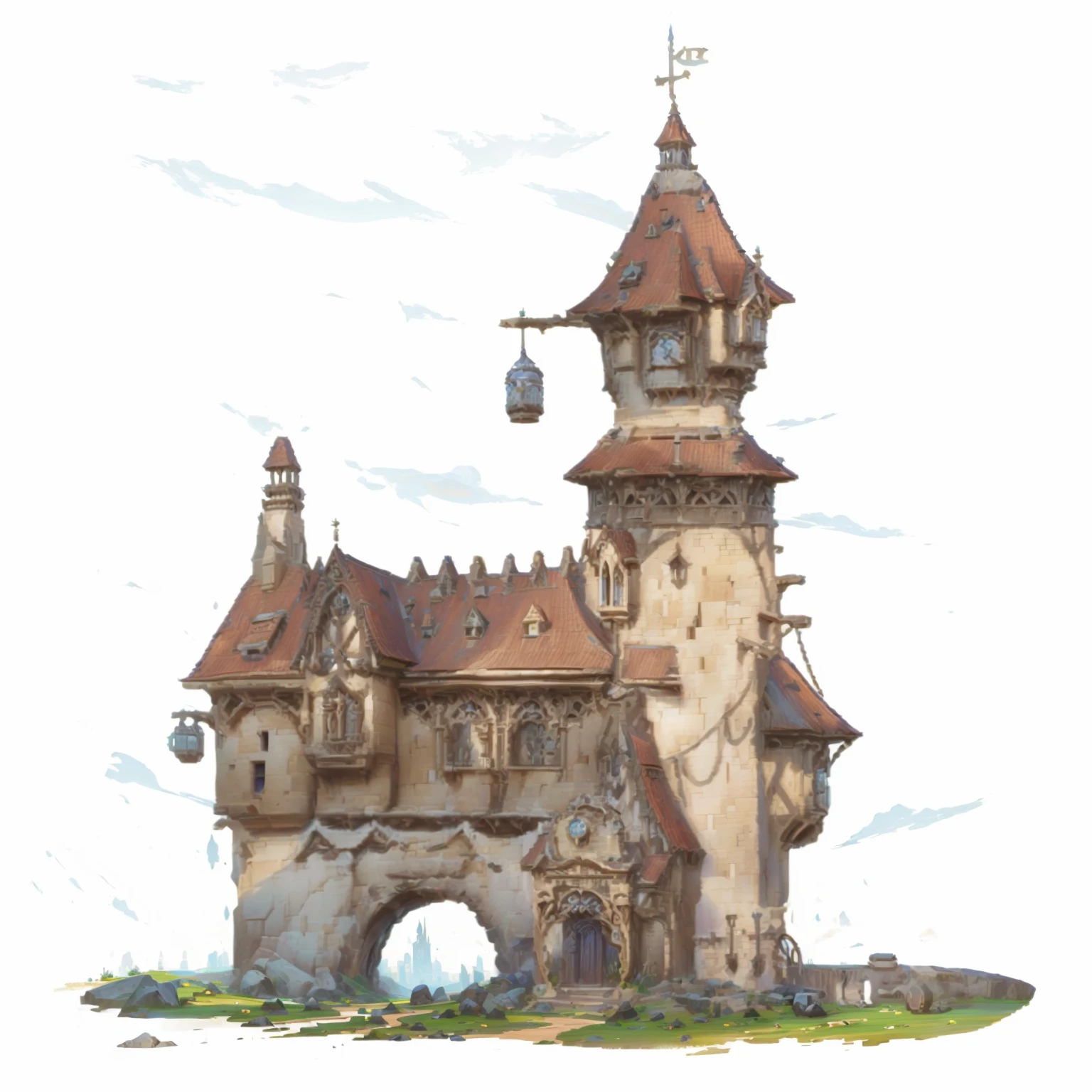 Cartoon drawing of a castle with a clock tower and gate, Fantasy Architecture, giant medieval tower concept art, Gorgeous medieval building, Wizard Tower, Medieval Concept Art, Elf Building, Wizard Tower, dwarven architecture, Fantasy Architecture, isometric view of a Wizard Tower, Huge and majestic steampunk tower, Medieval fantasy town, The Mage Tower is far away