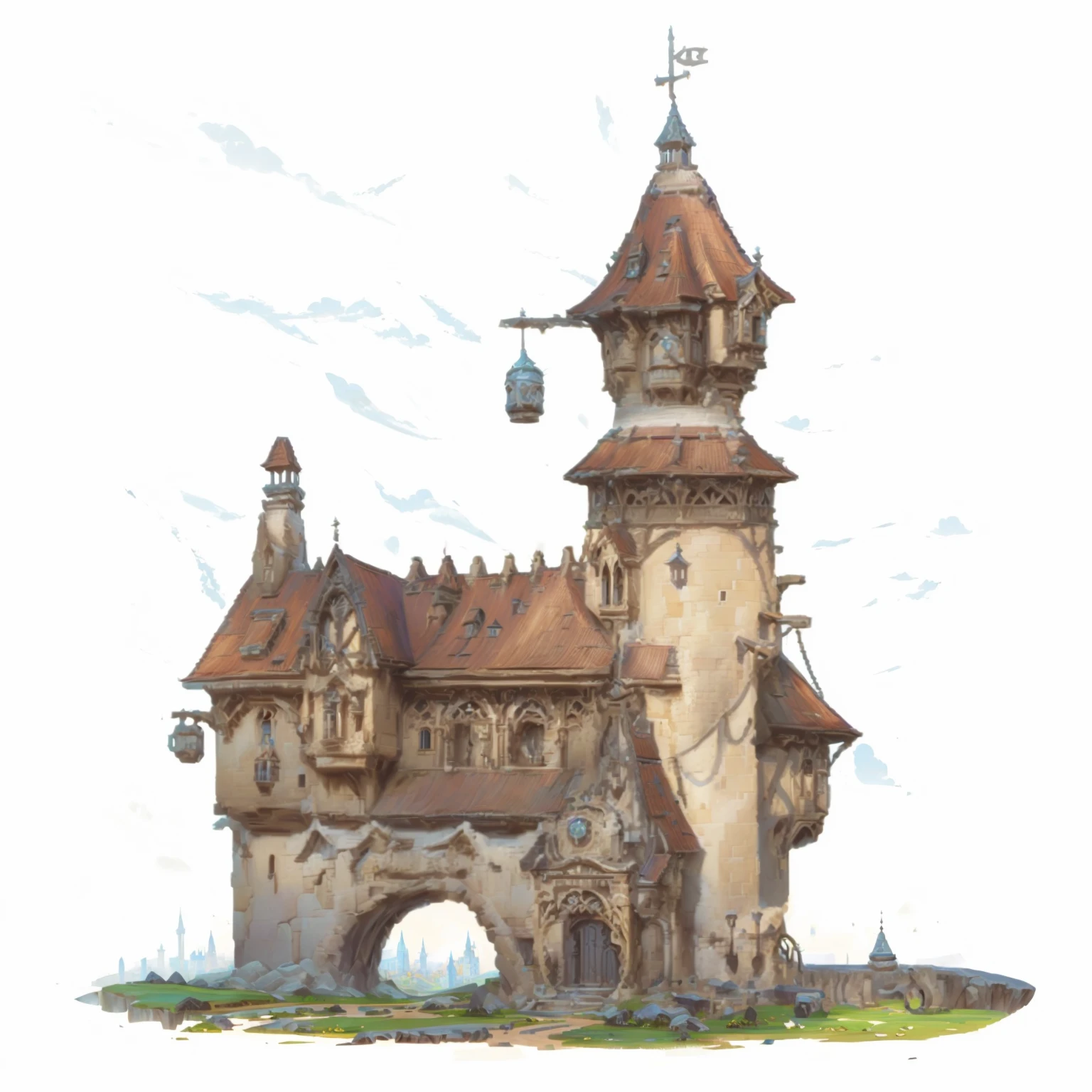 Cartoon drawing of a castle with a clock tower and gate, Fantasy Architecture, giant medieval tower concept art, Gorgeous medieval building, Wizard Tower, Medieval Concept Art, Elf Building, Wizard Tower, dwarven architecture, Fantasy Architecture, isometric view of a Wizard Tower, Huge and majestic steampunk tower, Medieval fantasy town, The Mage Tower is far away