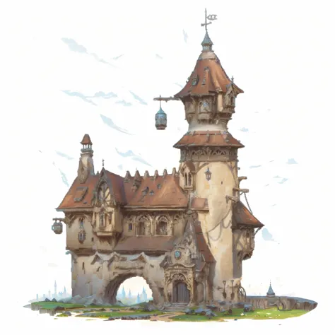 cartoon drawing of a castle with a clock tower and gate, fantasy architecture, giant medieval tower concept art, gorgeous mediev...