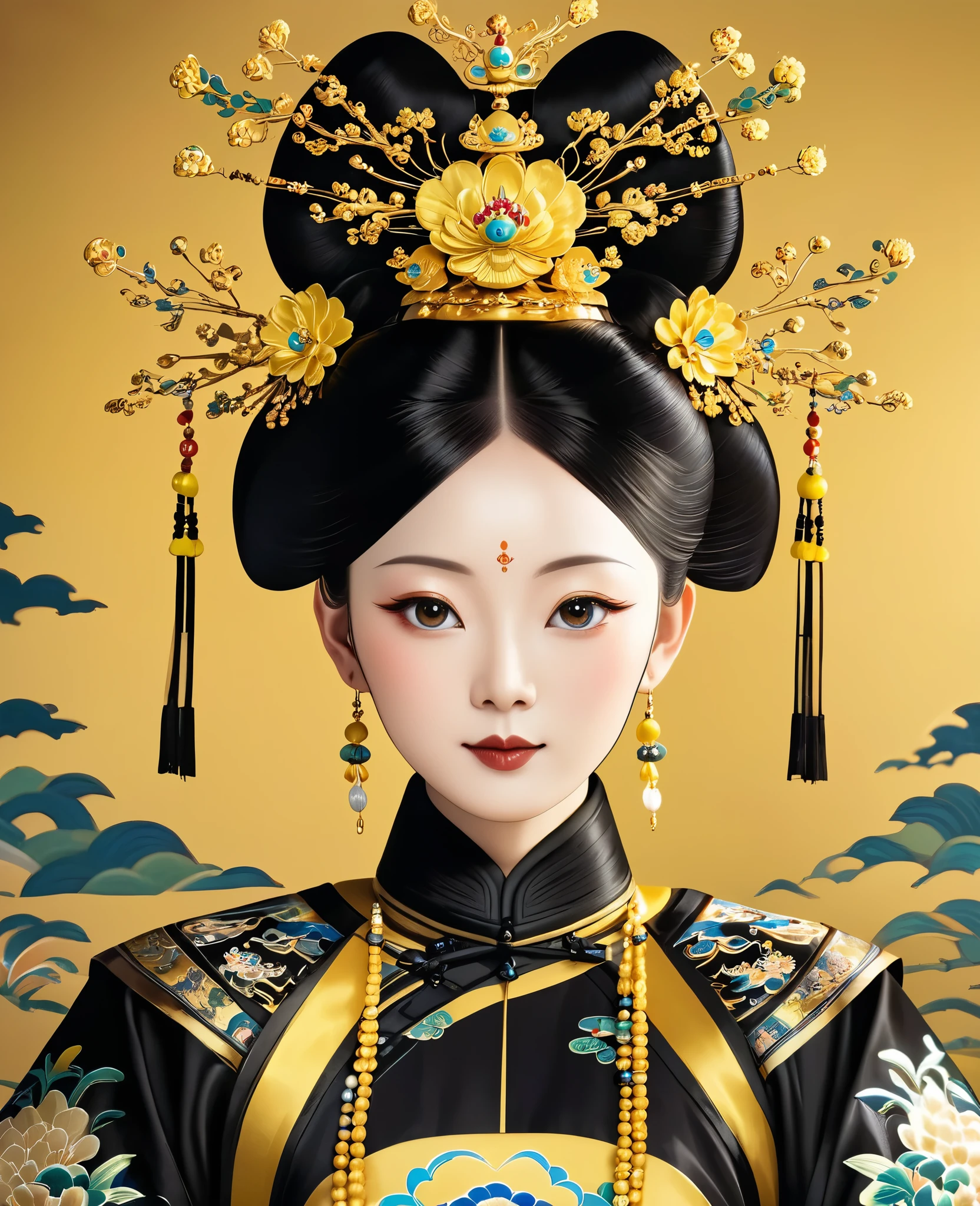 a serene portrait of a girl, symmetrical, round face, bright eyes, smooth skin, graceful and noble, opulent, ornate black and golden attire, Qing dynasty imperial headdress, regal, Chinese emperor, high chignon, lavish golden crown, tassels, palace, clean background