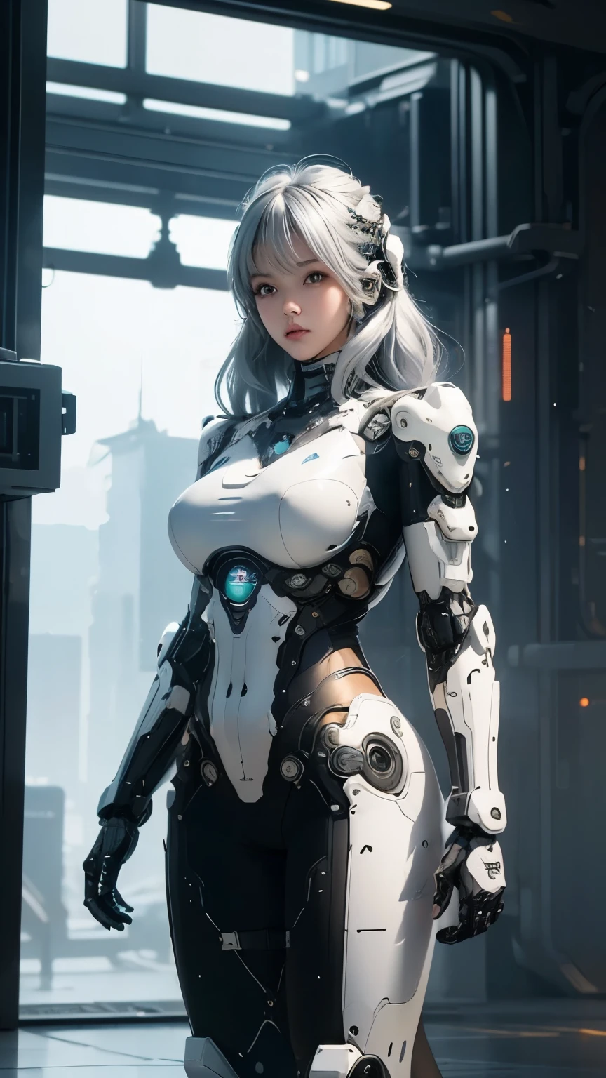 very big tits ((Masterpiece, The best quality)), illustration, 8K ultra detailed, realist, clear focus, Highly detailed, Pro Lighting, Platinum color details, Rainbow Color BREAK, Factory Long Rise, large mechanical robot structure, microchip, computer, ((glow)), intricate details, shitu-mecha, 1girl, mecha, belly button, color image, (Cyberpunk), (all hair: 1.2) ,all silver color bodysuit,all white,metallic shine , unreal engine 4,rainbow fractal