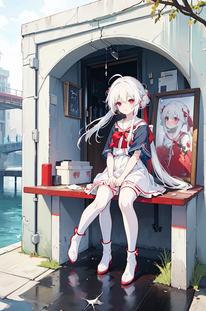 chicas anime with white hair and red bow sitting on the ground, vestido de marinero, Imágenes de anime de linda chica, young chicas anime, mejor chica anime, (chicas anime), pretty chicas anime, chica de pelo blanco, beautiful chicas anime, Fondo blanco、retrato de cuerpo entero、botas cafés、Vestido color rojo Eyereine、Medias、whiteback、chica de pie