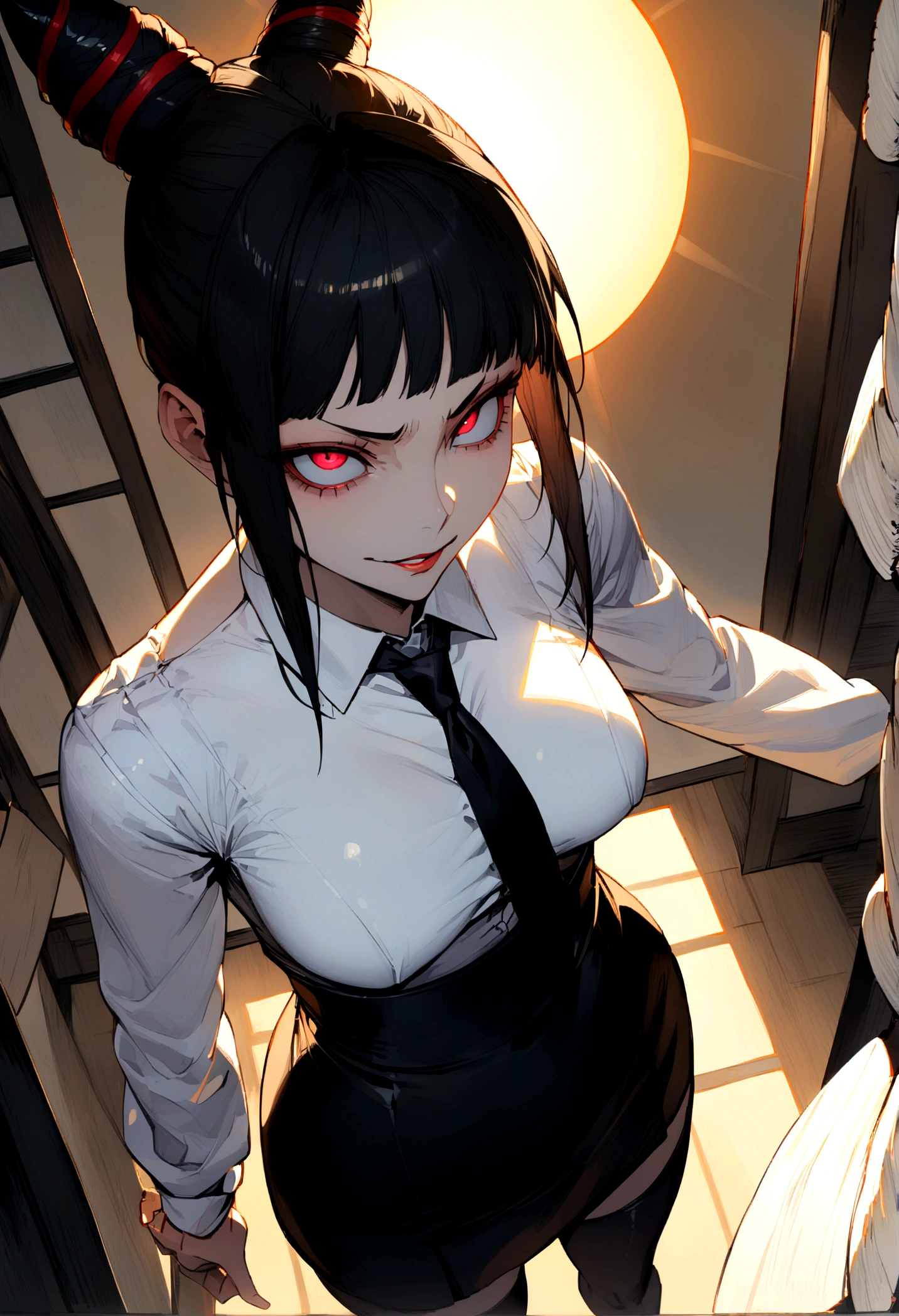 juri han, work of art, tight white secretary shirt with black tie, black high waist skirt, short skirt,stocking, black hair, black tightscary sun,office,bangs on the eyes,lighting,horn of hair,view from above,staring overhead,evil smile
