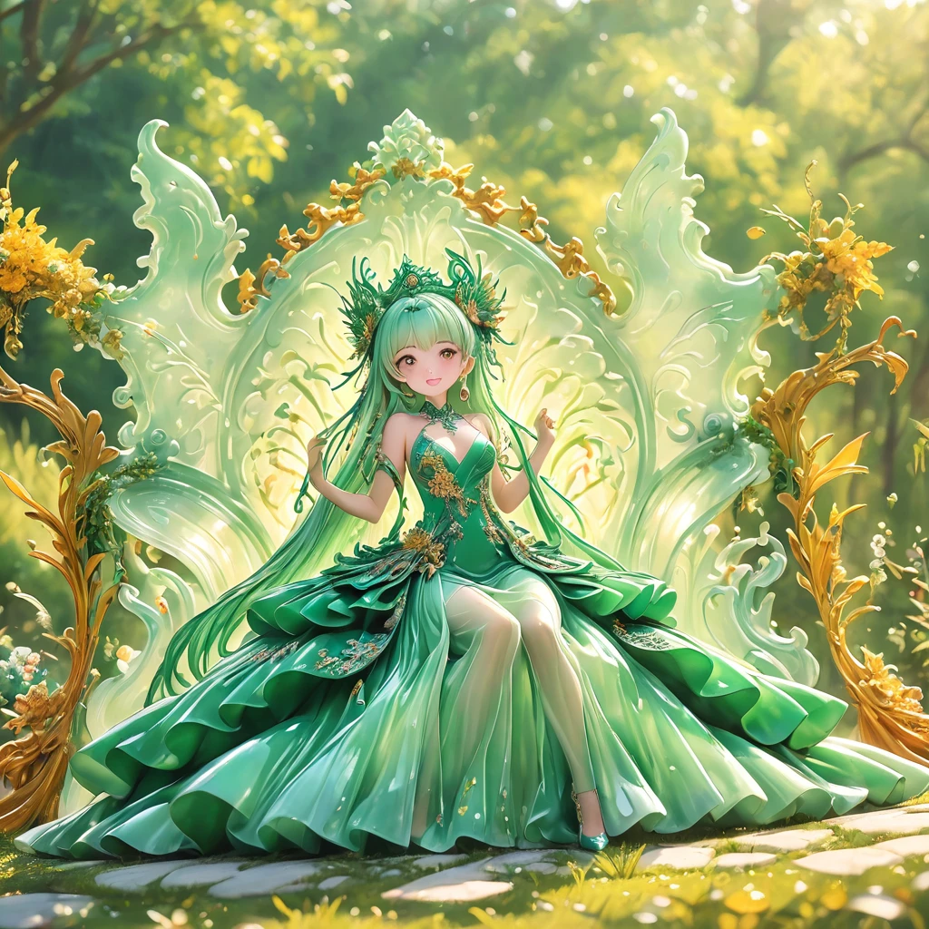 best quality, very good, 16K, ridiculous, Very detailed, Gorgeous evening dress((( Throne 1.3)))，Made of translucent jadeite, Background grassland（（A masterpiece full of fantasy elements）））， （（best quality））， （（Intricate details））（8K）