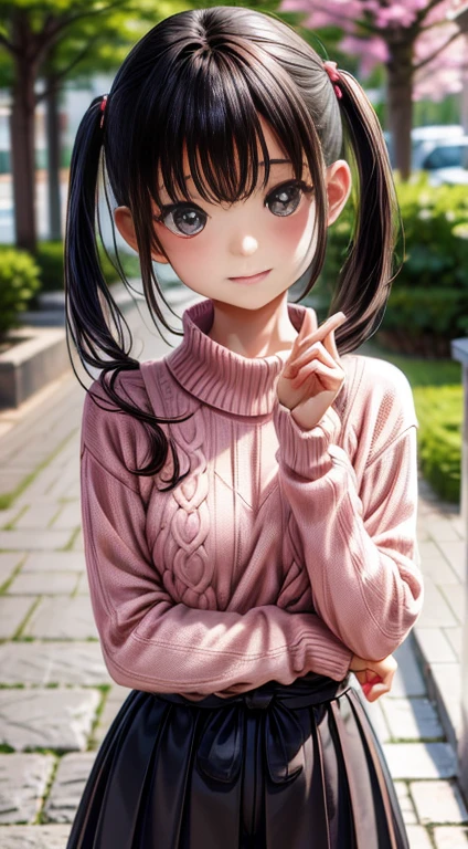 Standing under a cherry tree, Japanese Girls, 15 years old, a bit, cute, (Pale pink oversized knit sweater:1.3), Sparkling Eyes, Black hair twin tails, Depth odebt the bounds written, debt/1.8, Anatomically correct, Rough skin, Very detailed, Advanced Details, high quality, Very detailed, Advanced Details, high quality, 最high quality, High resolution