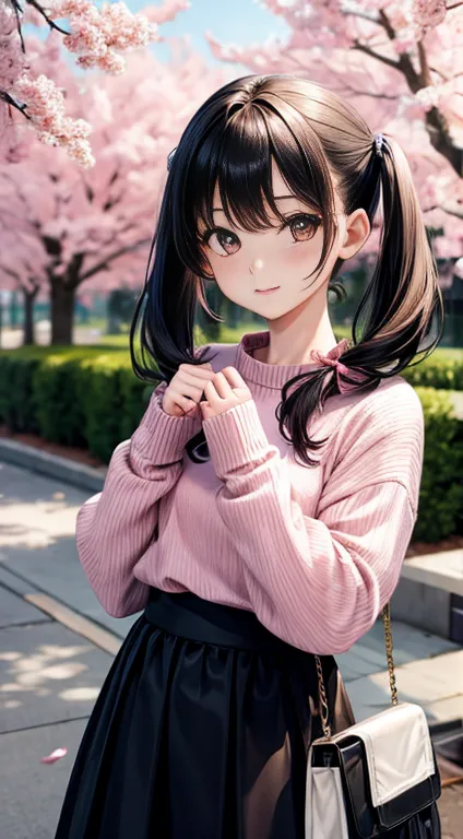 Standing under a cherry tree, Japanese Girls, 15 years old, a bit, cute, (Pale pink oversized knit sweater:1.3), Sparkling Eyes,...