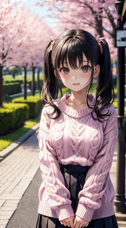Standing under a cherry tree, Japanese Girls, 15 years old, a bit, cute, (Pale pink oversized knit sweater:1.3), Sparkling Eyes,...