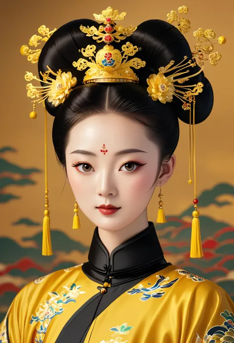 solemn girl portrait，symmetry，round face，bright eyes，smooth skin，elegant and luxurious，wealth，gorgeous black and gold costumes，c...