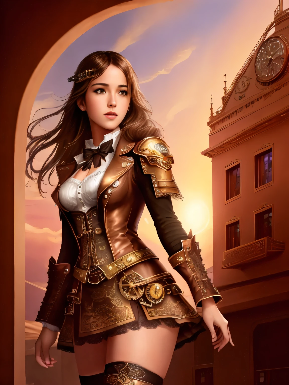 15 year old girl, steampunk, mini skirt, lace top, stockings, intricate gears, brass and copper accents, goggles, airship in background, cinematic lighting, dramatic pose, highly detailed, photorealistic, 8k, masterpiece