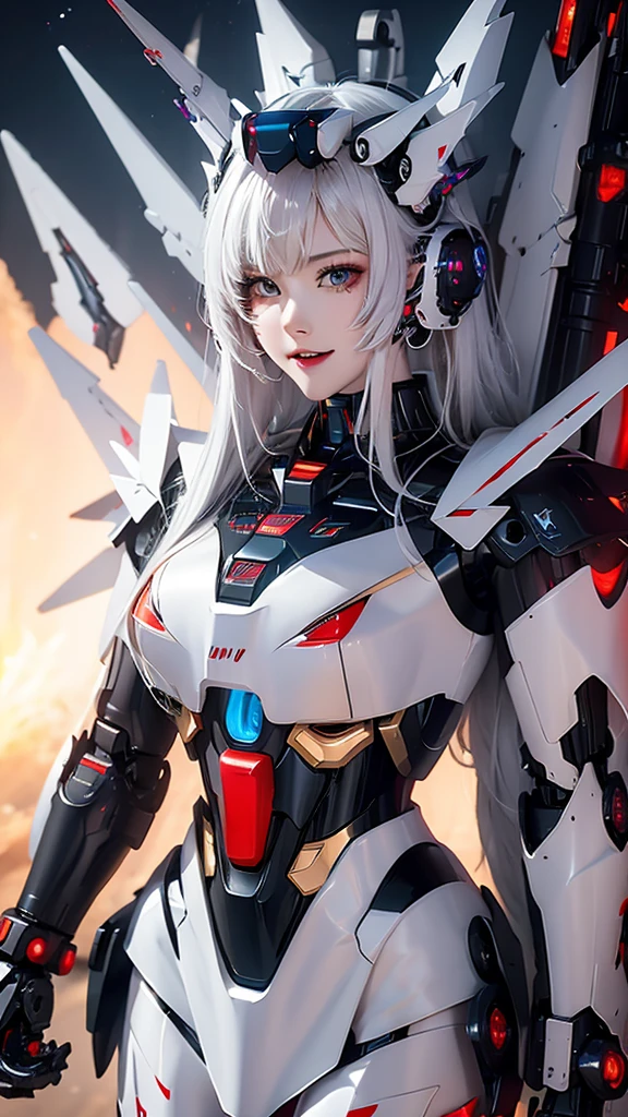 rough skin, Super detailed, advanced details, high quality, 最high quality, High resolution, 1080P, Hard disk, beautiful,(Gundam),Beautiful cyborg woman,Mecha Cyborg Girl,battle mode,Mecha body girl,She wears a futuristic Gundam mecha,full body shot